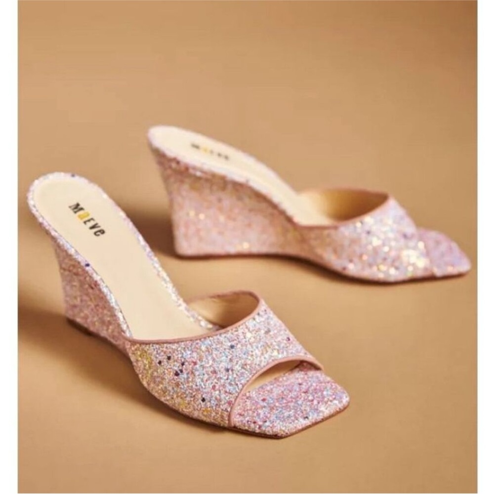Anthropologie/Maeve Pink Glitter Wedge Sandals